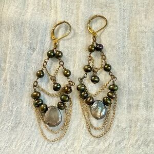 Cultured Black Pearl Draping Chandelier Gold Tone Pierced Post Earrings